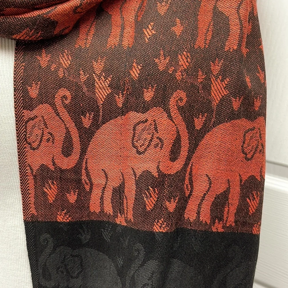 Orange & Black Elephant Fringed Long Scarf